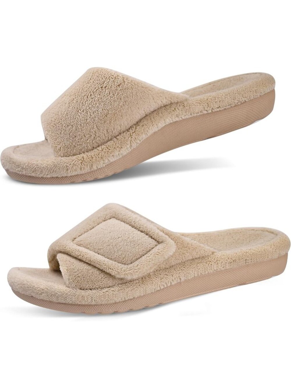 Women's Brown Adjustable Open Toe Orthopedic Arch Support Fuzzy Slippers Slide